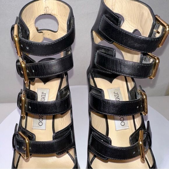 Jimmy Choo Trick Buckle Gladiator Sandals Heels. Size 37. Black leather. - Picture 7 of 12